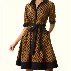 NWOT eShakti Zapelle Mustard/Navy Contrast Trim Cotton Check Swing Dress  | XL